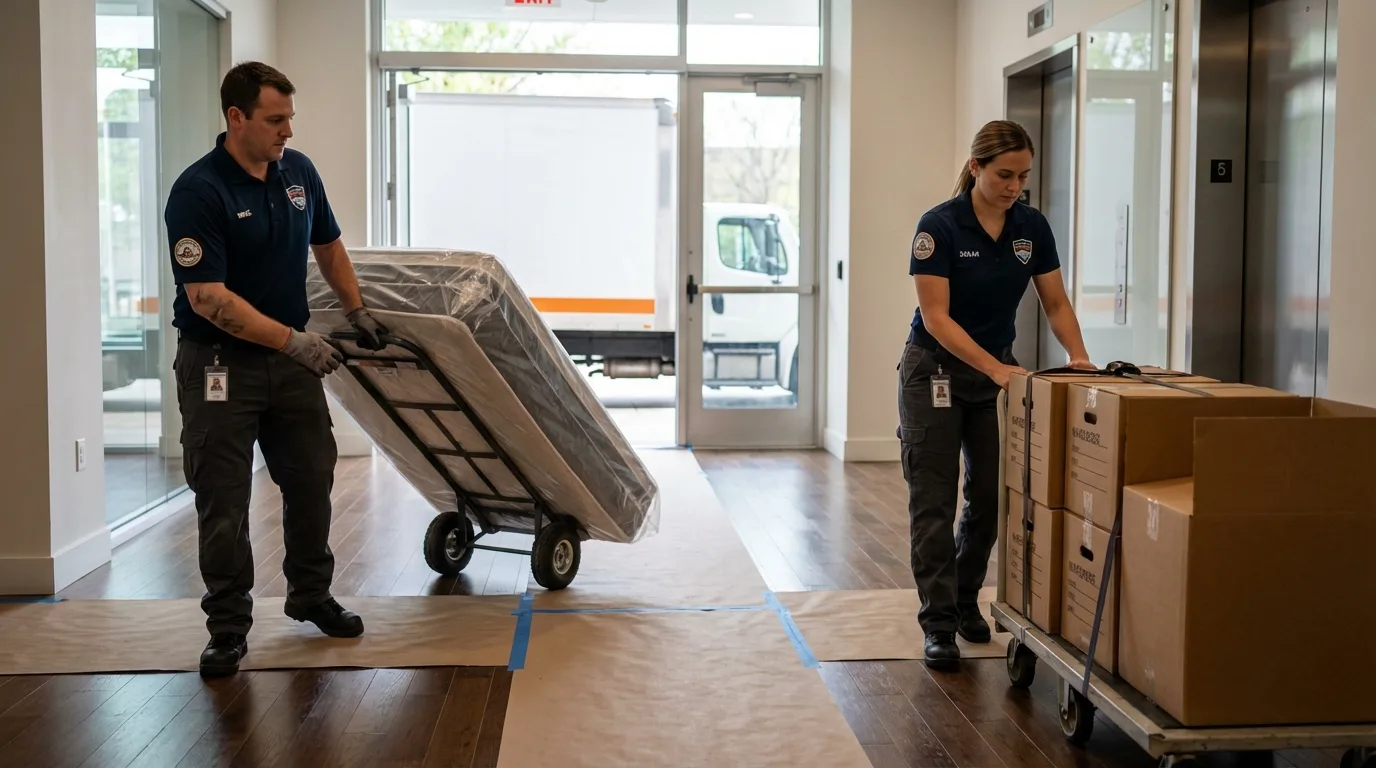 Professional apartment movers loading elevator in Cynthiana, KY