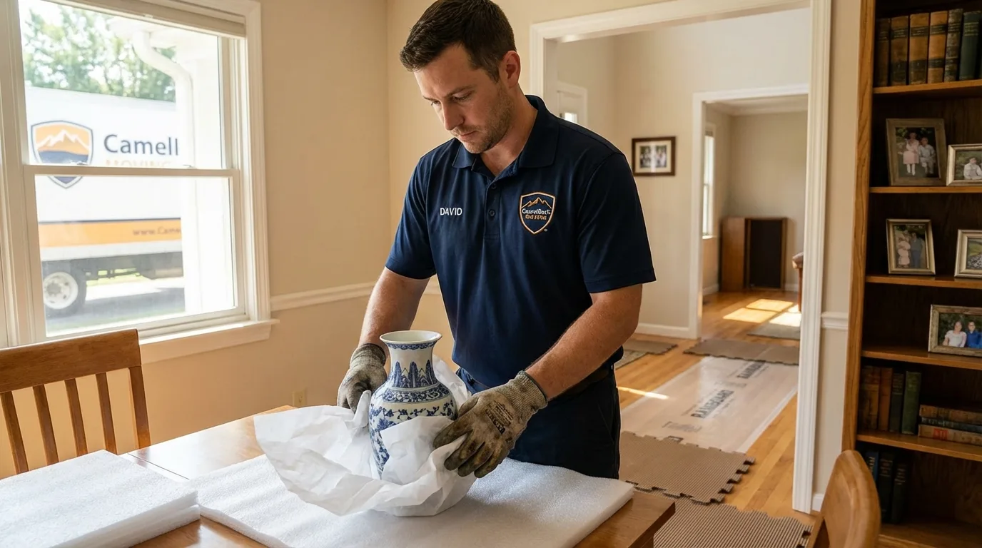 Professional crew carefully wrapping antique vase for senior downsizing move in Cynthiana, KY